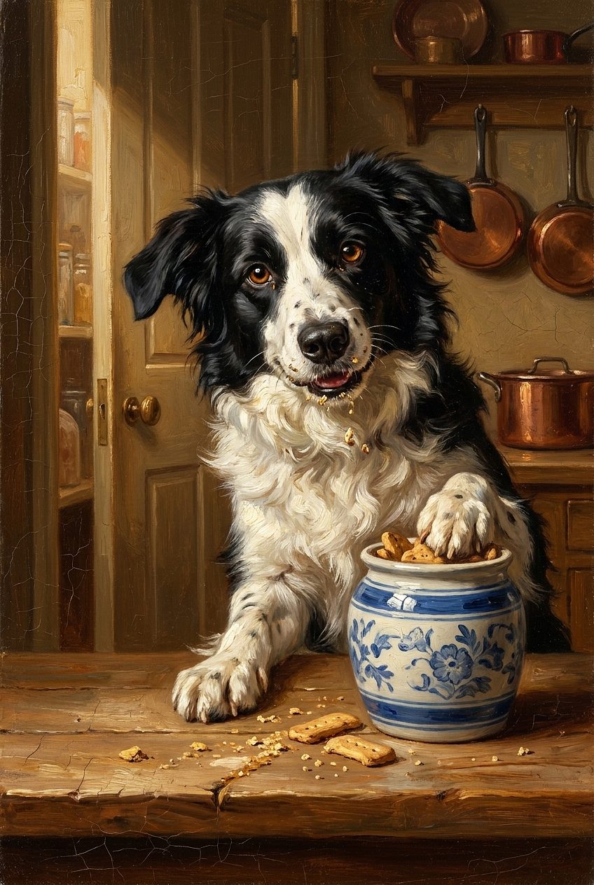 Lola caught gleefully raiding a biscuit jar, crumbs on her muzzle — storybook oil painting