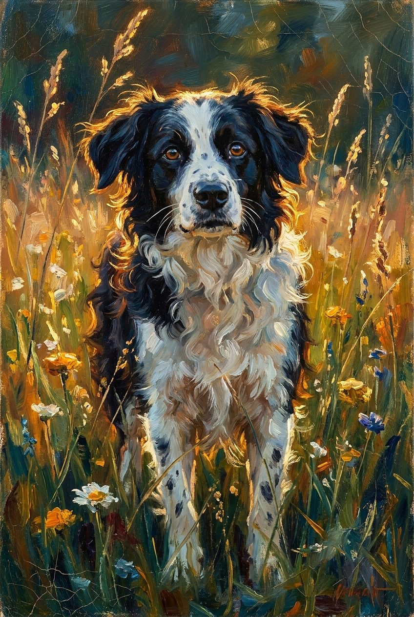 Lola in an impressionist golden-hour meadow