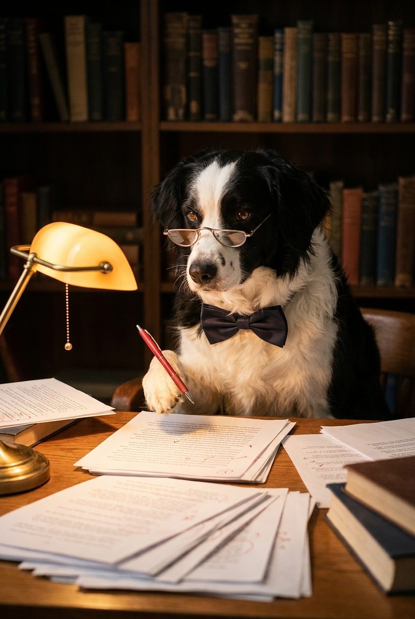 Lola as a professor in half-moon spectacles marking essays by lamplight