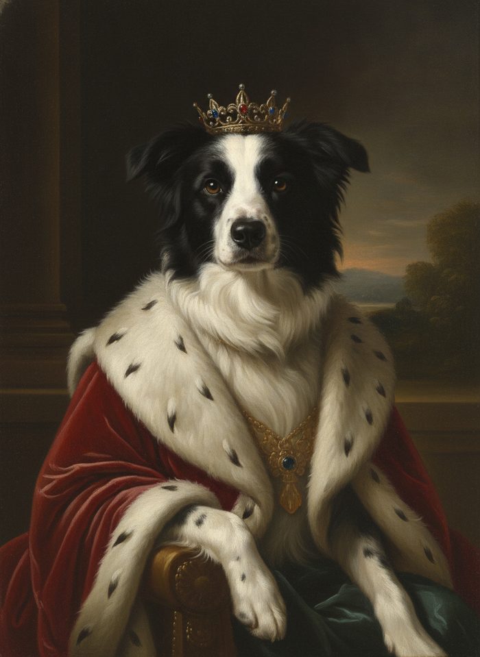 Lola as Renaissance nobility in a crown and ermine cloak — oil painting style